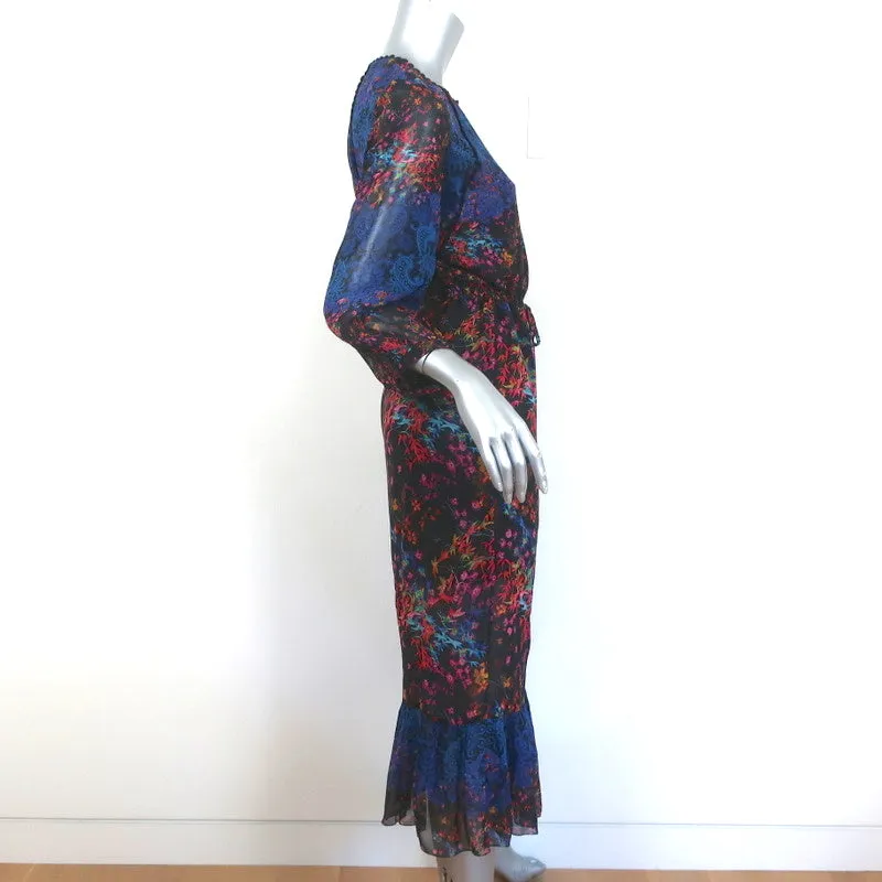 Saloni Drawstring Midi Dress Ruffled Floral & Lace Print Silk Size US 6