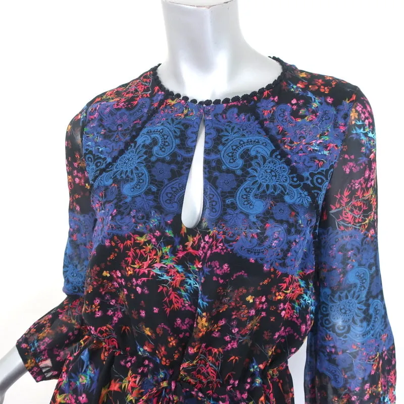 Saloni Drawstring Midi Dress Ruffled Floral & Lace Print Silk Size US 6