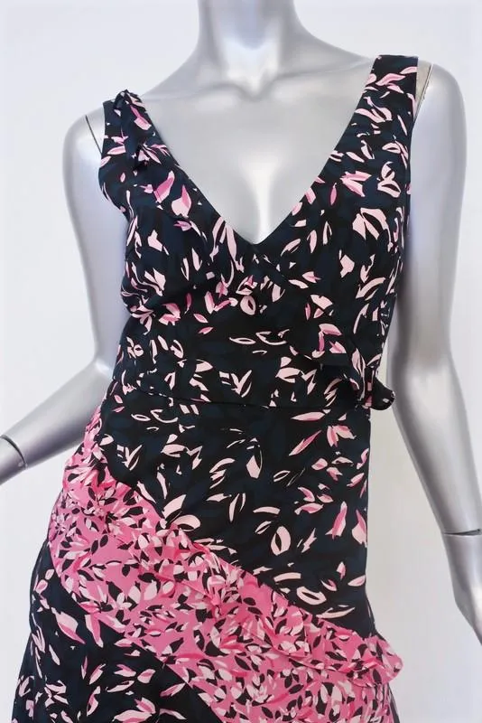 Saloni Dress Aggie Navy/Pink Printed Ruffled Silk Size US 2 Sleeveless Midi