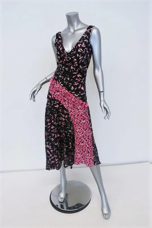 Saloni Dress Aggie Navy/Pink Printed Ruffled Silk Size US 2 Sleeveless Midi