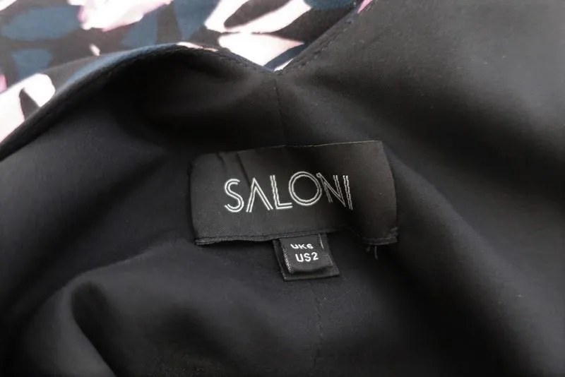 Saloni Dress Aggie Navy/Pink Printed Ruffled Silk Size US 2 Sleeveless Midi