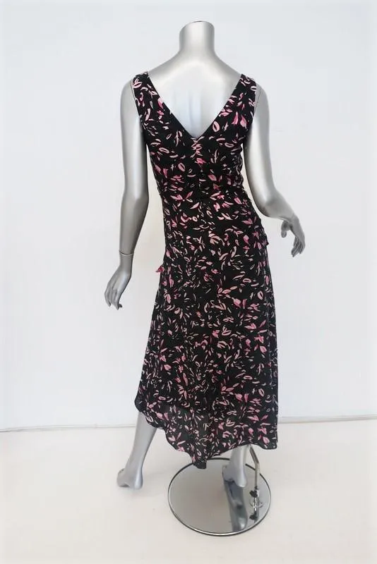 Saloni Dress Aggie Navy/Pink Printed Ruffled Silk Size US 2 Sleeveless Midi