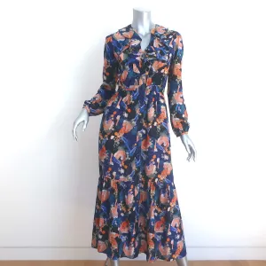 SALONI Ginny Long Sleeve Maxi Dress Navy Tiger Print Ruffled Silk Size US 2