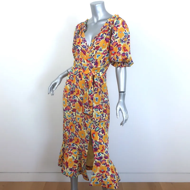 Saloni Olivia Off the Shoulder Ruffled Midi Dress Marigold Printed Silk Size US 6 NEW
