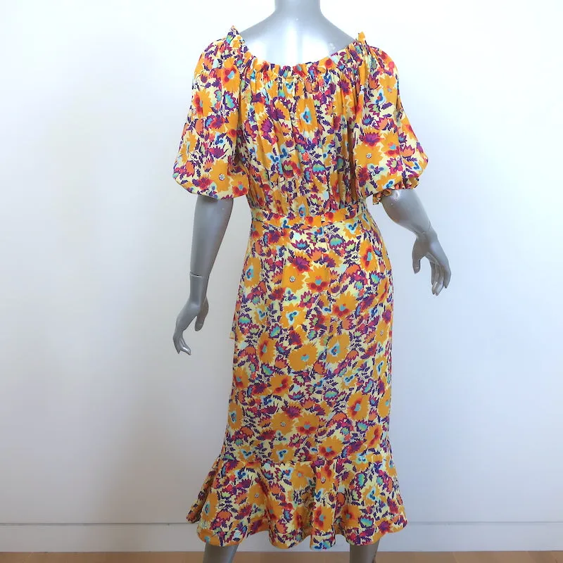 Saloni Olivia Off the Shoulder Ruffled Midi Dress Marigold Printed Silk Size US 6 NEW