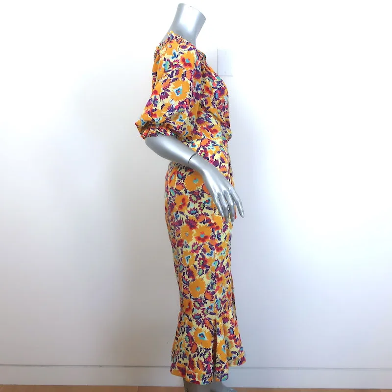 Saloni Olivia Off the Shoulder Ruffled Midi Dress Marigold Printed Silk Size US 6 NEW