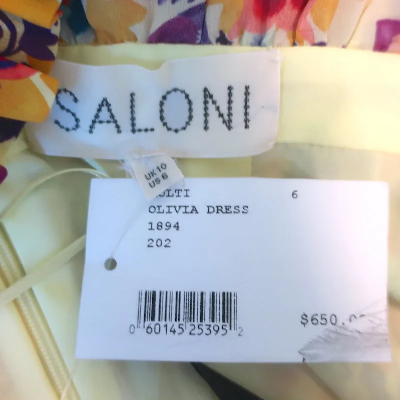 Saloni Olivia Off the Shoulder Ruffled Midi Dress Marigold Printed Silk Size US 6 NEW