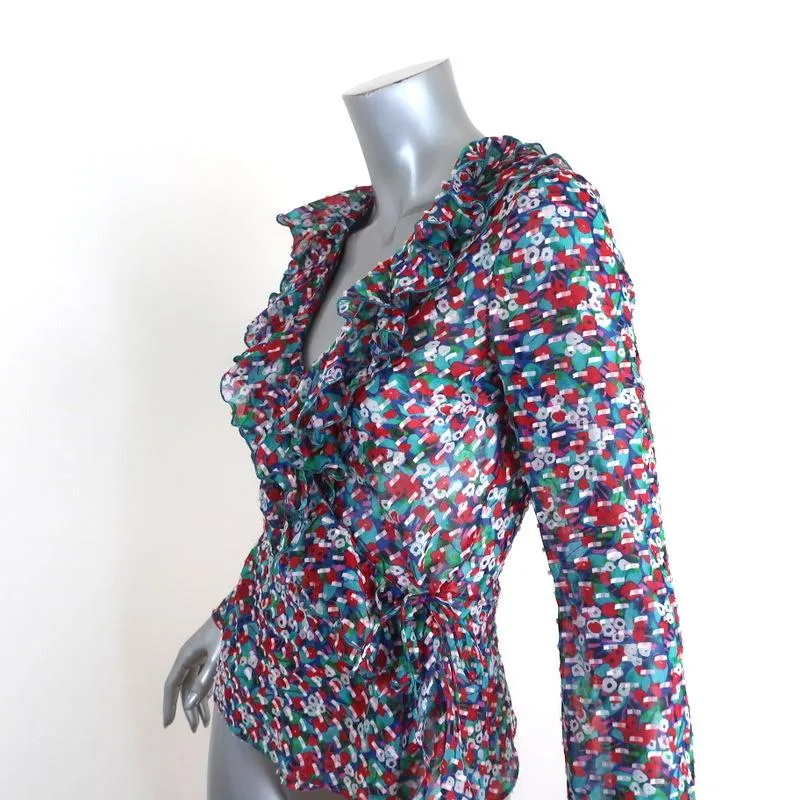 Saloni Ruffled Wrap Top Iman Multicolor Printed Silk Size 2 Long Sleeve Blouse