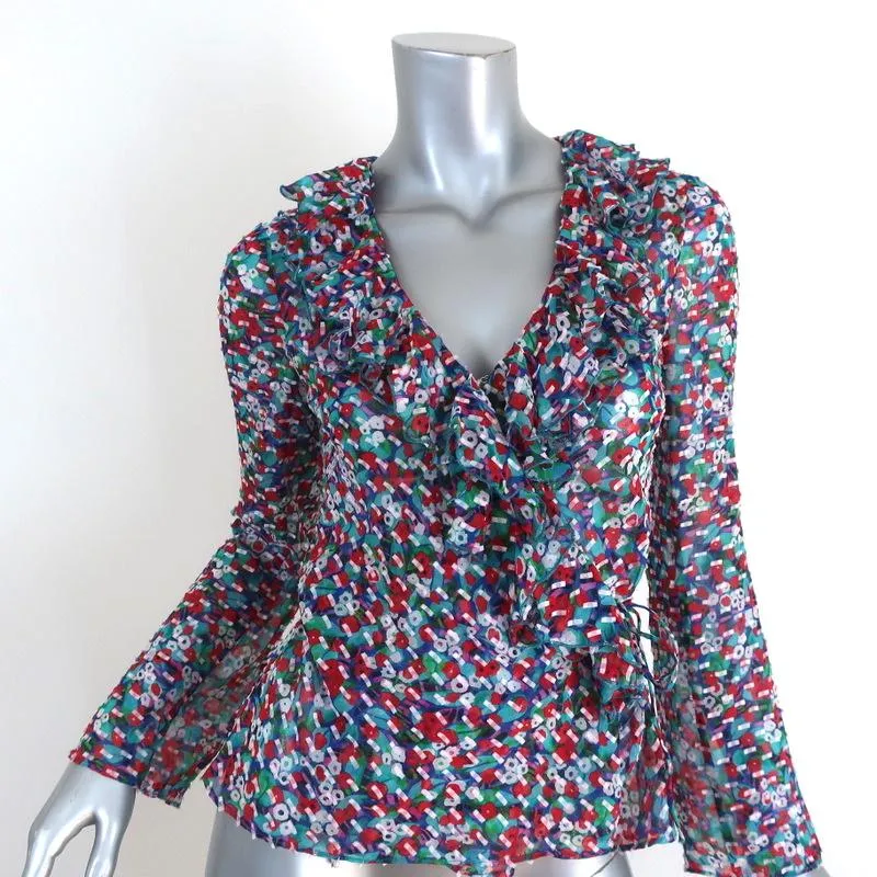 Saloni Ruffled Wrap Top Iman Multicolor Printed Silk Size 2 Long Sleeve Blouse