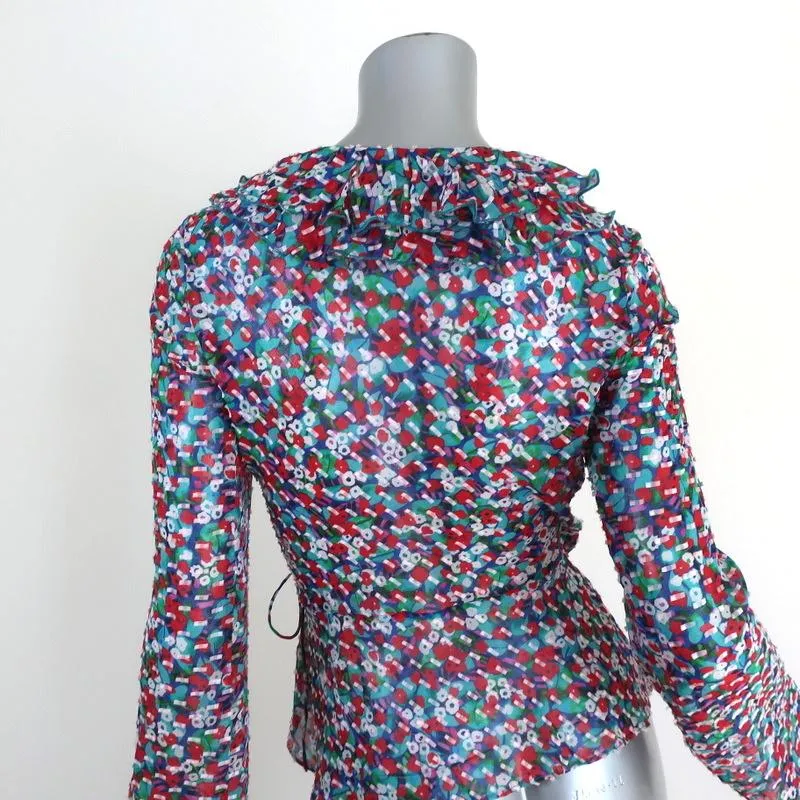 Saloni Ruffled Wrap Top Iman Multicolor Printed Silk Size 2 Long Sleeve Blouse