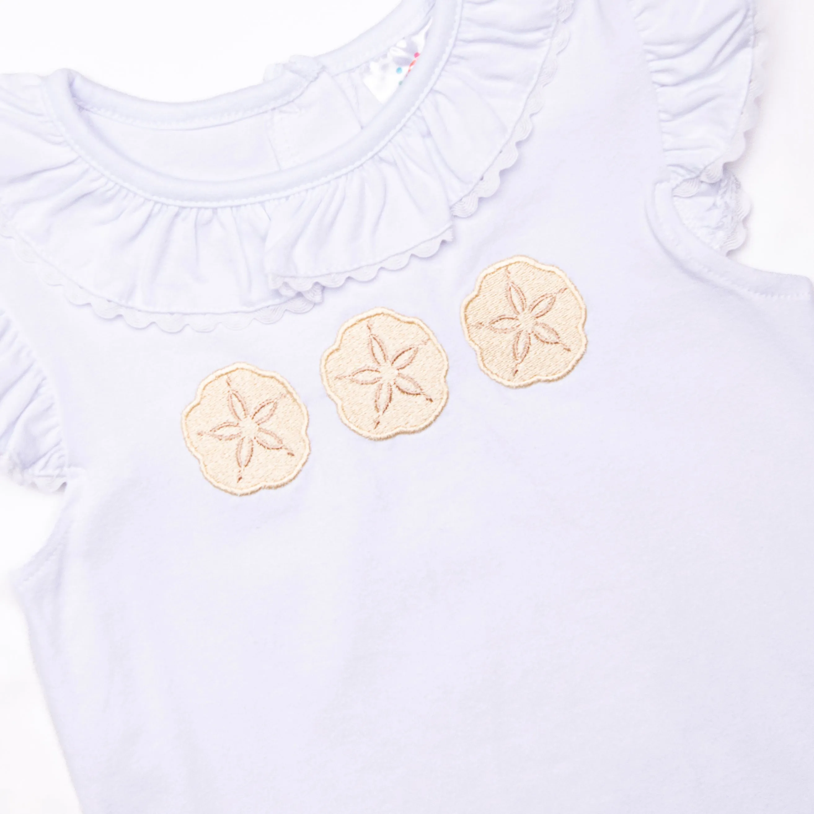 Sand Dollar Summer Embroidered Ruffle Short Set, Tan