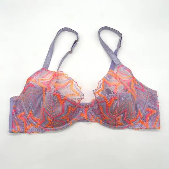 SAVAGE X FENTY Shining Star Embroidered Half Cup Plunge Bra 40DD Purple Orange