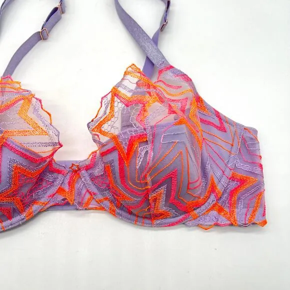 SAVAGE X FENTY Shining Star Embroidered Half Cup Plunge Bra 40DD Purple Orange