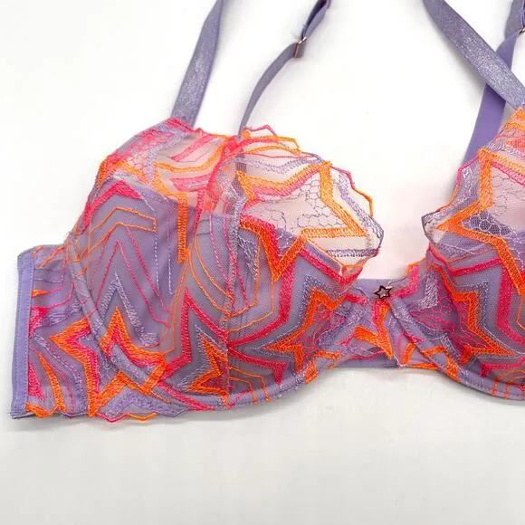 SAVAGE X FENTY Shining Star Embroidered Half Cup Plunge Bra 40DD Purple Orange