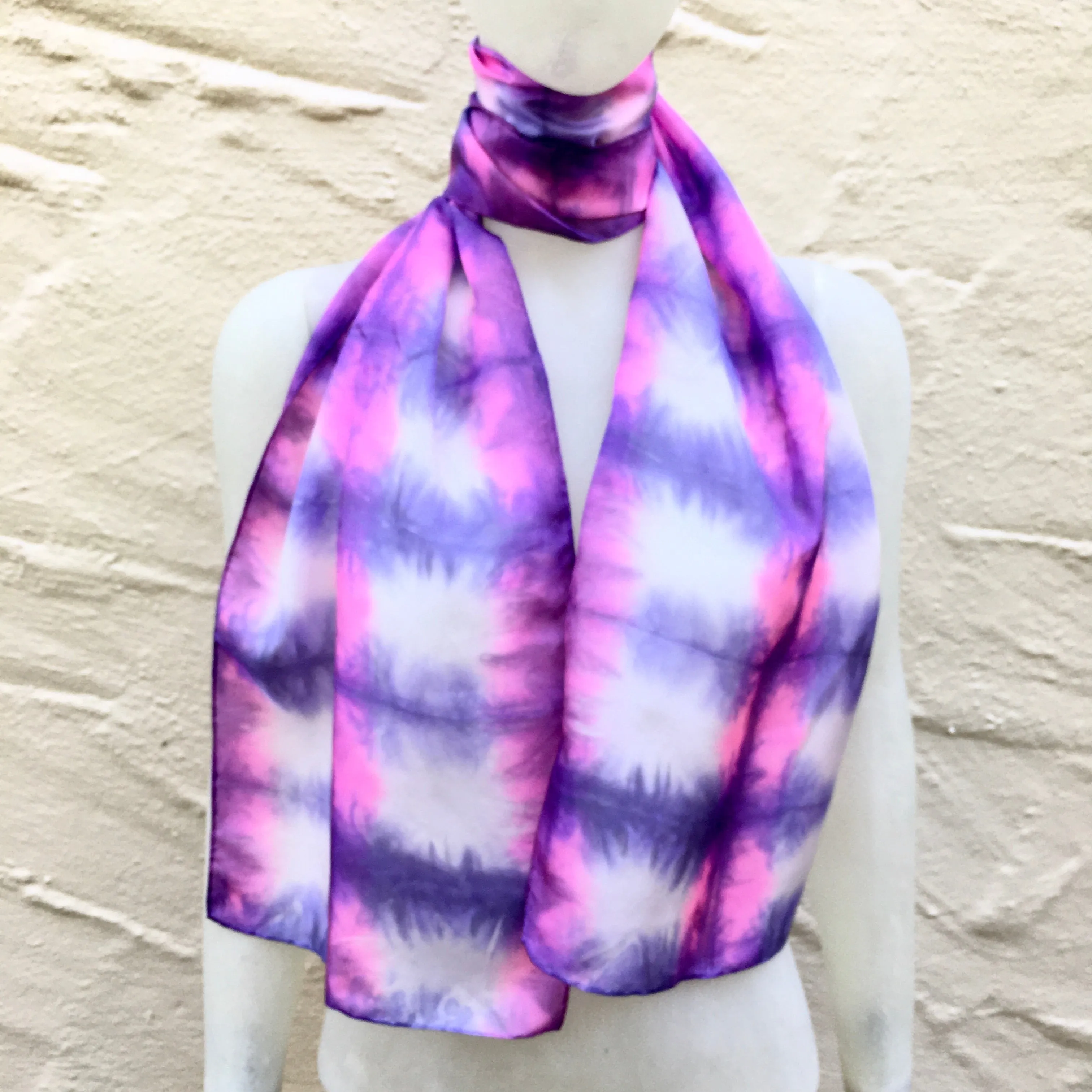 Scarf Spree: (S) Pink Purple & White 11"x60" Silk Scarf