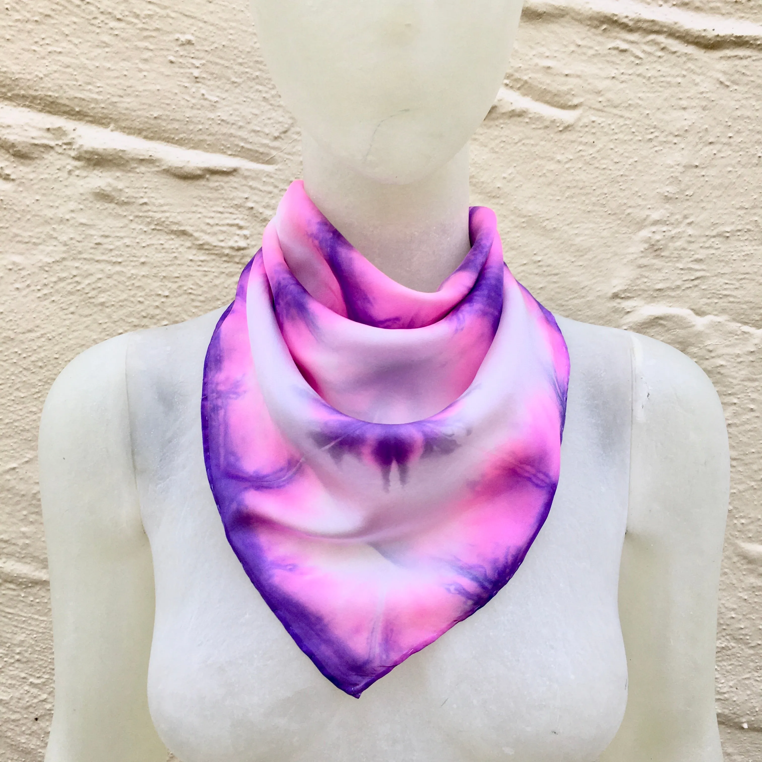 Scarf Spree: (S) Pink Purple & White 21"x21" Silk Bandana