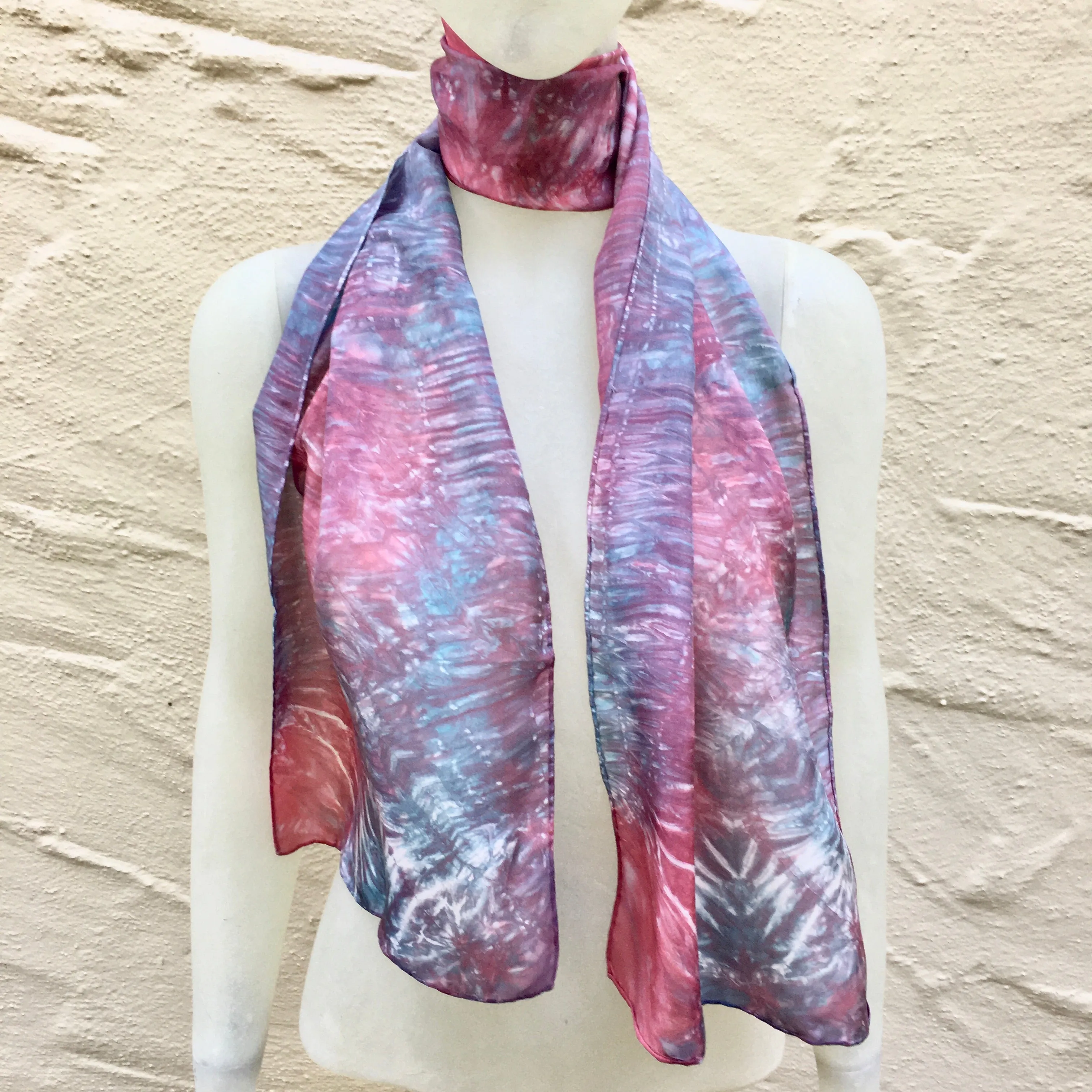 Scarf Spree: (S) Teal Blue & Red 11"x60" Silk Scarf