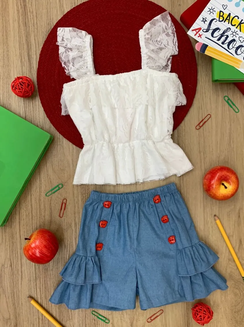 School In Session Lace Top and Denim Short Set