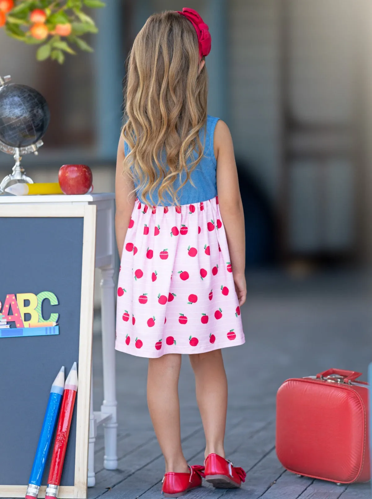 School-Ready Apple Print Chambray Dress