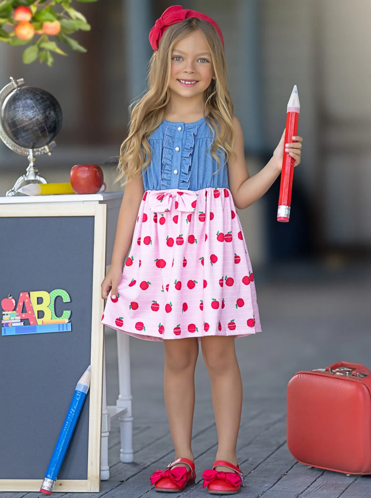 School-Ready Apple Print Chambray Dress
