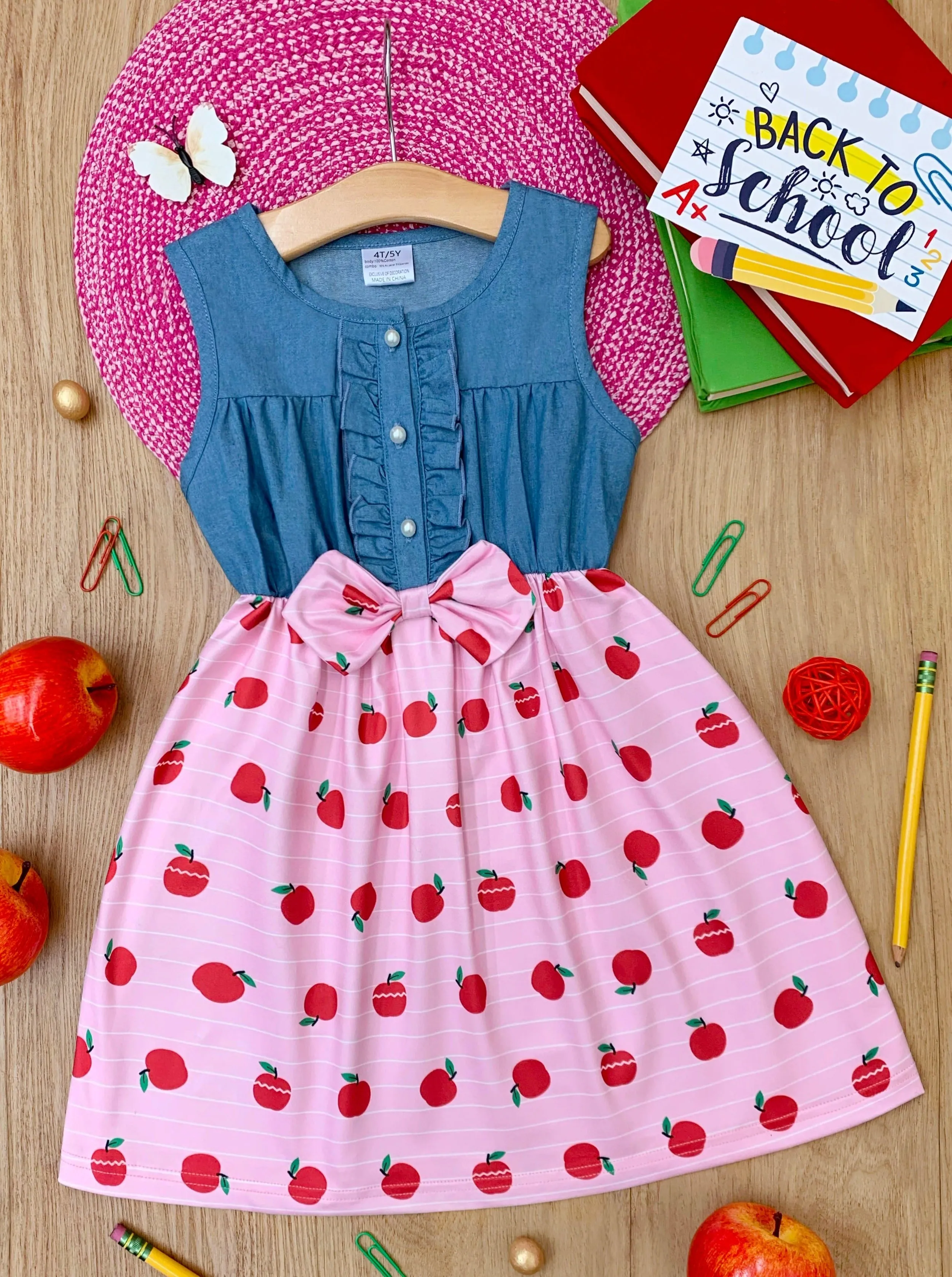 School-Ready Apple Print Chambray Dress
