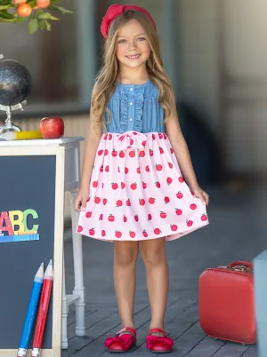School-Ready Apple Print Chambray Dress