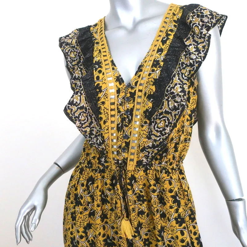 SEA Ruffled Midi Dress Yellow Crochet-Trim Floral Print Silk Size 6