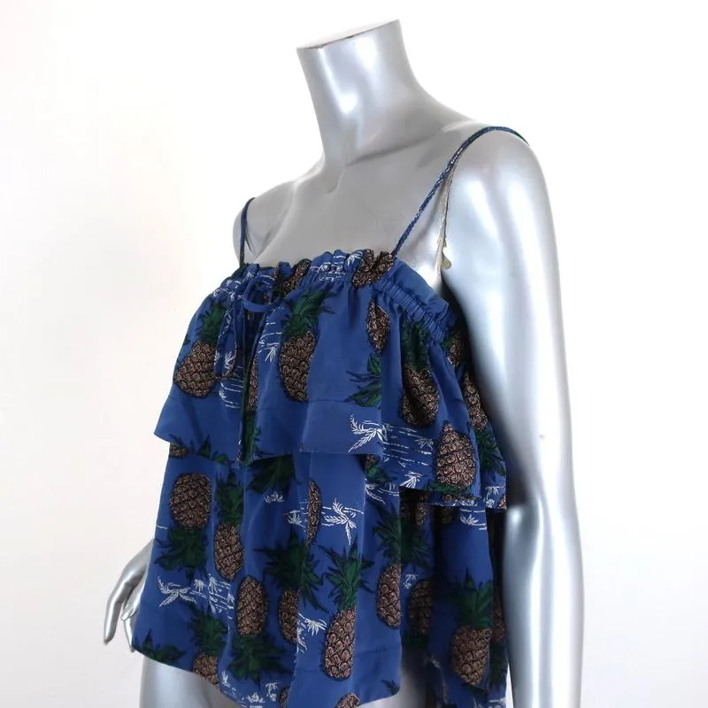 SEA Tank Top Blue Pineapple Print Ruffled Silk Size 8