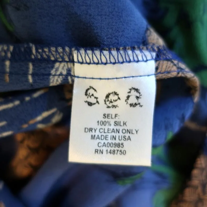 SEA Tank Top Blue Pineapple Print Ruffled Silk Size 8