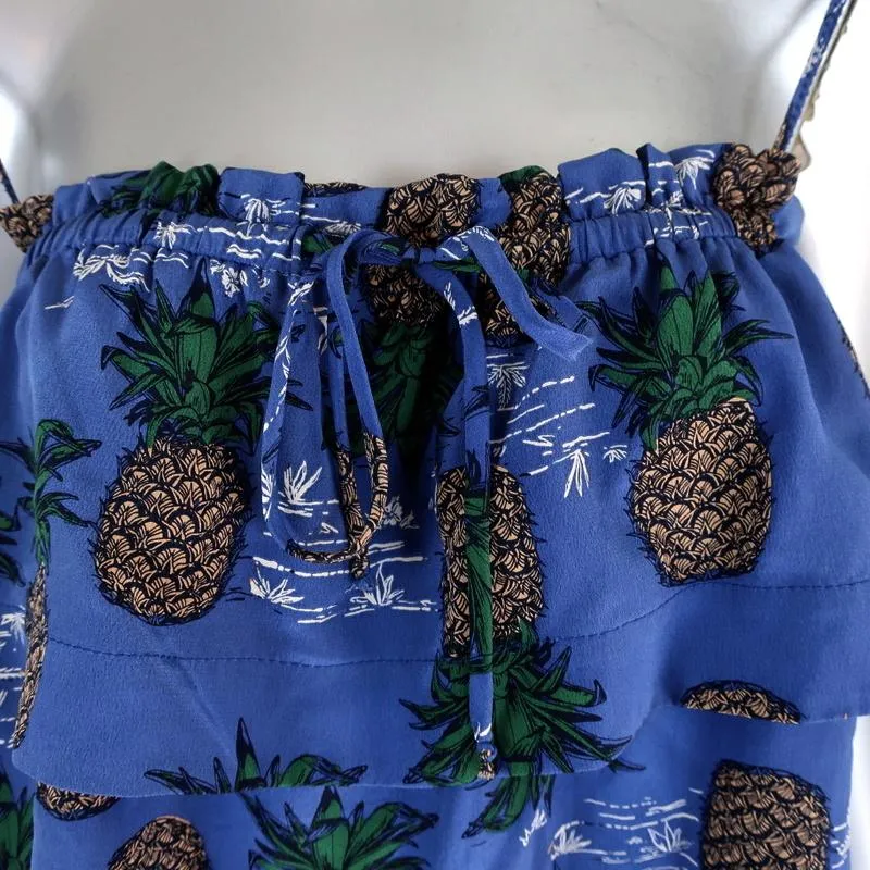 SEA Tank Top Blue Pineapple Print Ruffled Silk Size 8