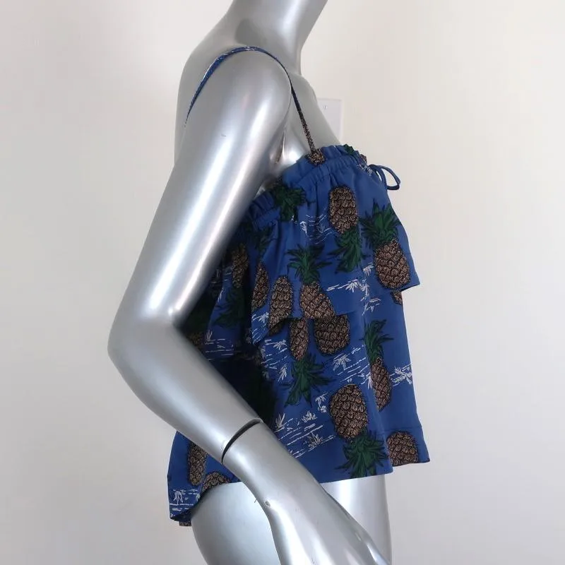SEA Tank Top Blue Pineapple Print Ruffled Silk Size 8