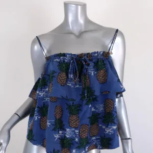 SEA Tank Top Blue Pineapple Print Ruffled Silk Size 8