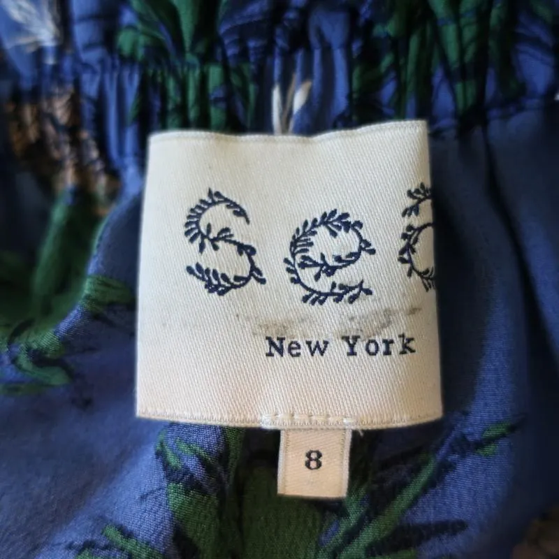 SEA Tank Top Blue Pineapple Print Ruffled Silk Size 8