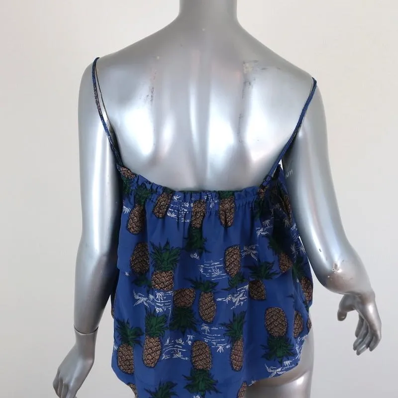 SEA Tank Top Blue Pineapple Print Ruffled Silk Size 8