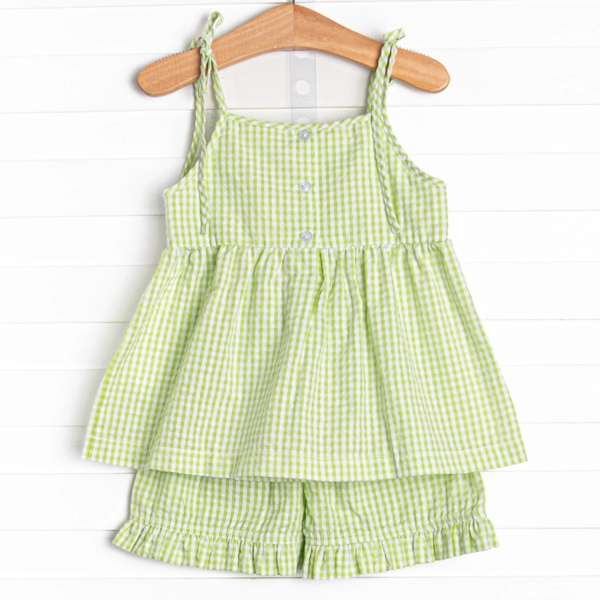 Seersucker Slices Smocked Ruffle Short Set, Green