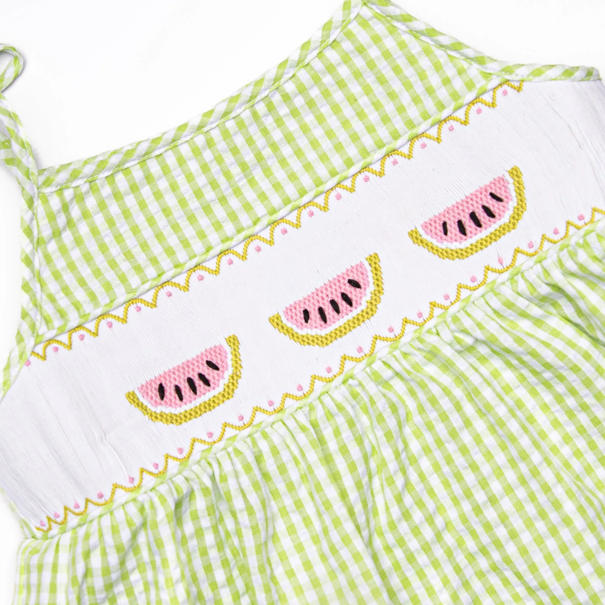 Seersucker Slices Smocked Ruffle Short Set, Green