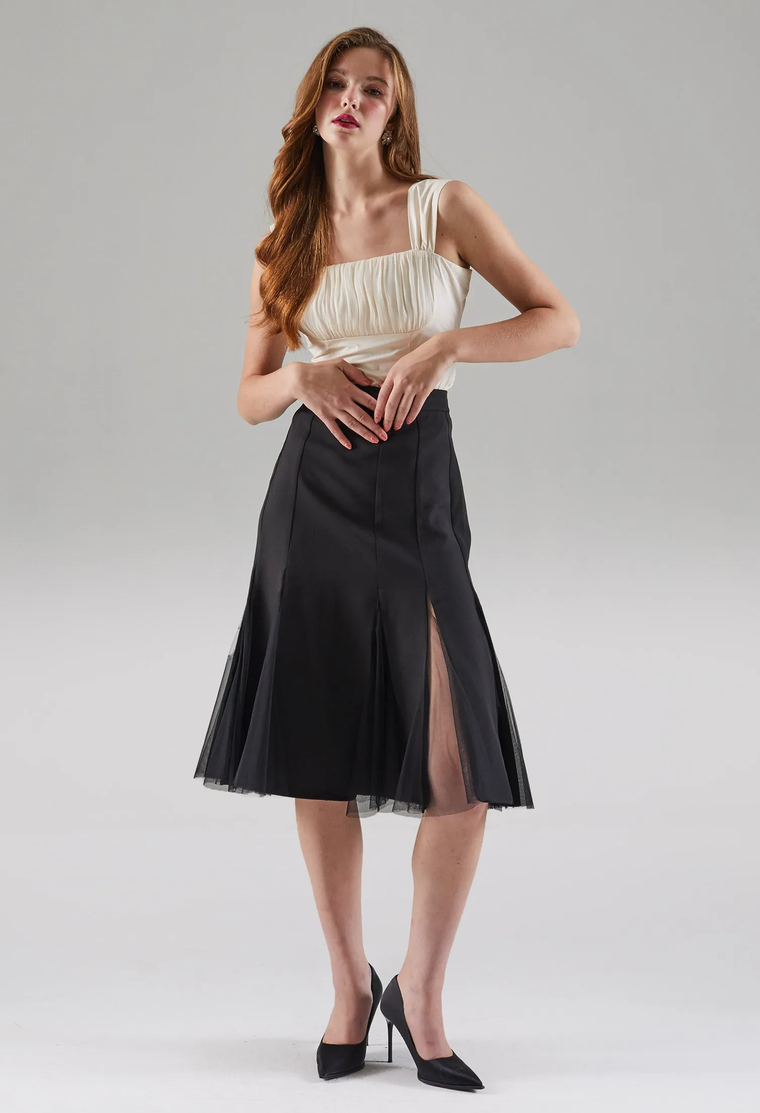 Semi-meshed Peekaboo Hem Midi Skirt