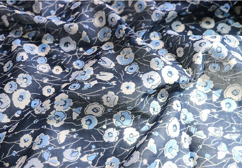 Semi-sheer Floral Cotton Fabric, Blue Flower Cotton Fabric, Lightweight and Thin, Quality Korean Fabric, Navy Cotton - By the Yard /49990