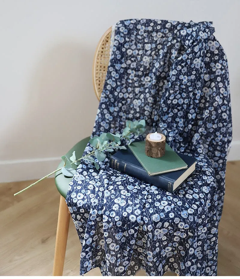 Semi-sheer Floral Cotton Fabric, Blue Flower Cotton Fabric, Lightweight and Thin, Quality Korean Fabric, Navy Cotton - By the Yard /49990