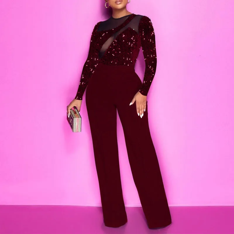 Sequins Sheer Mesh Patchwork Jumpsuit