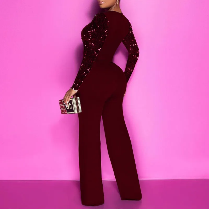 Sequins Sheer Mesh Patchwork Jumpsuit