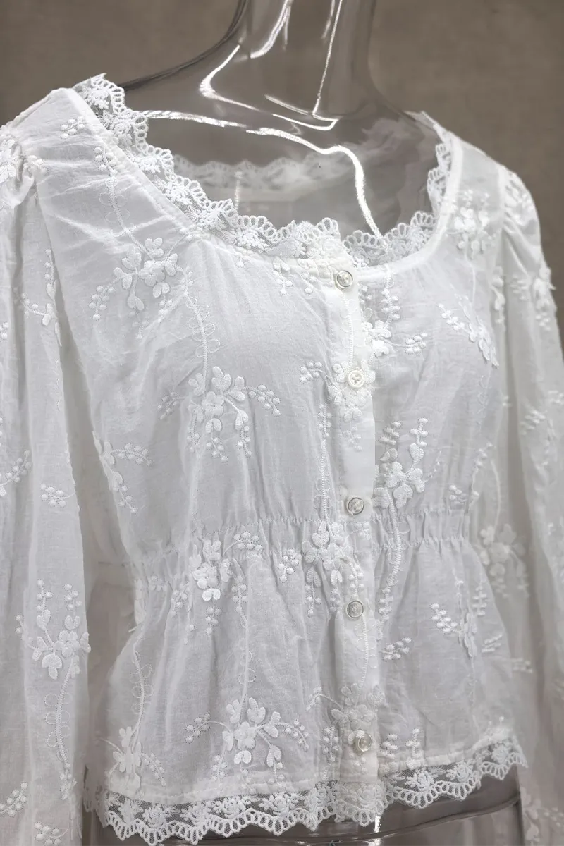 Sexy Daily Embroidered Buttons See-Through U Neck Blouses