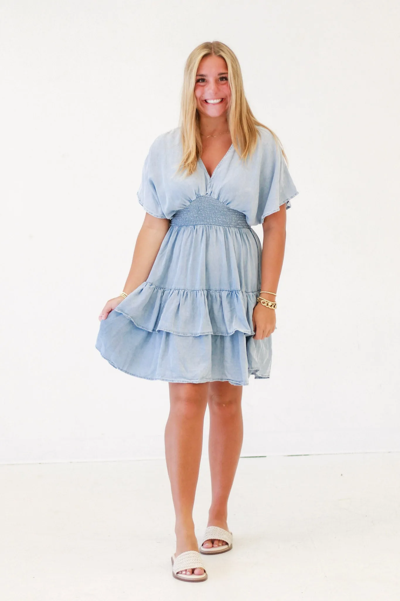 Shake It in Chambray Ruffle Tiered Dress