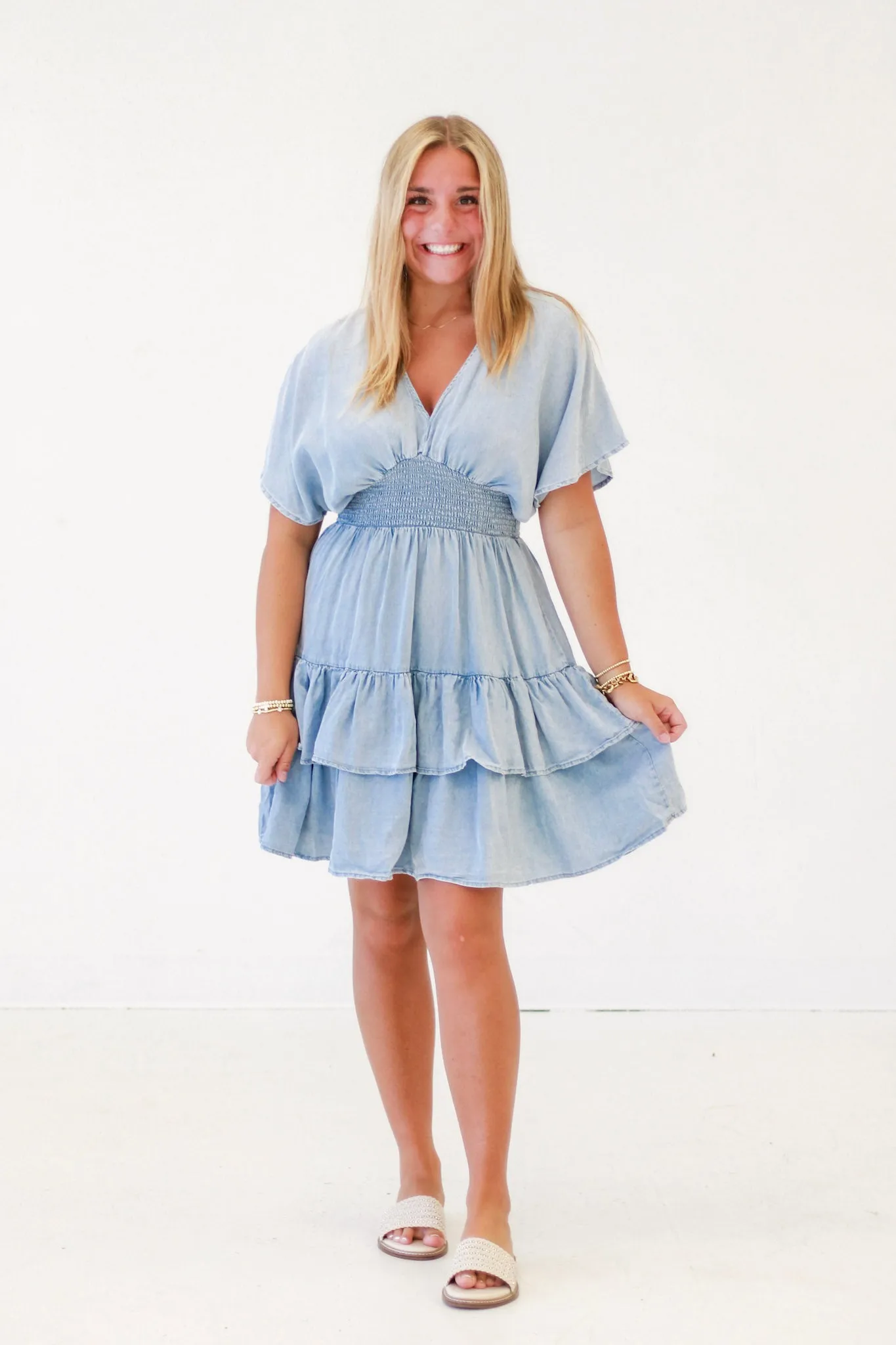 Shake It in Chambray Ruffle Tiered Dress