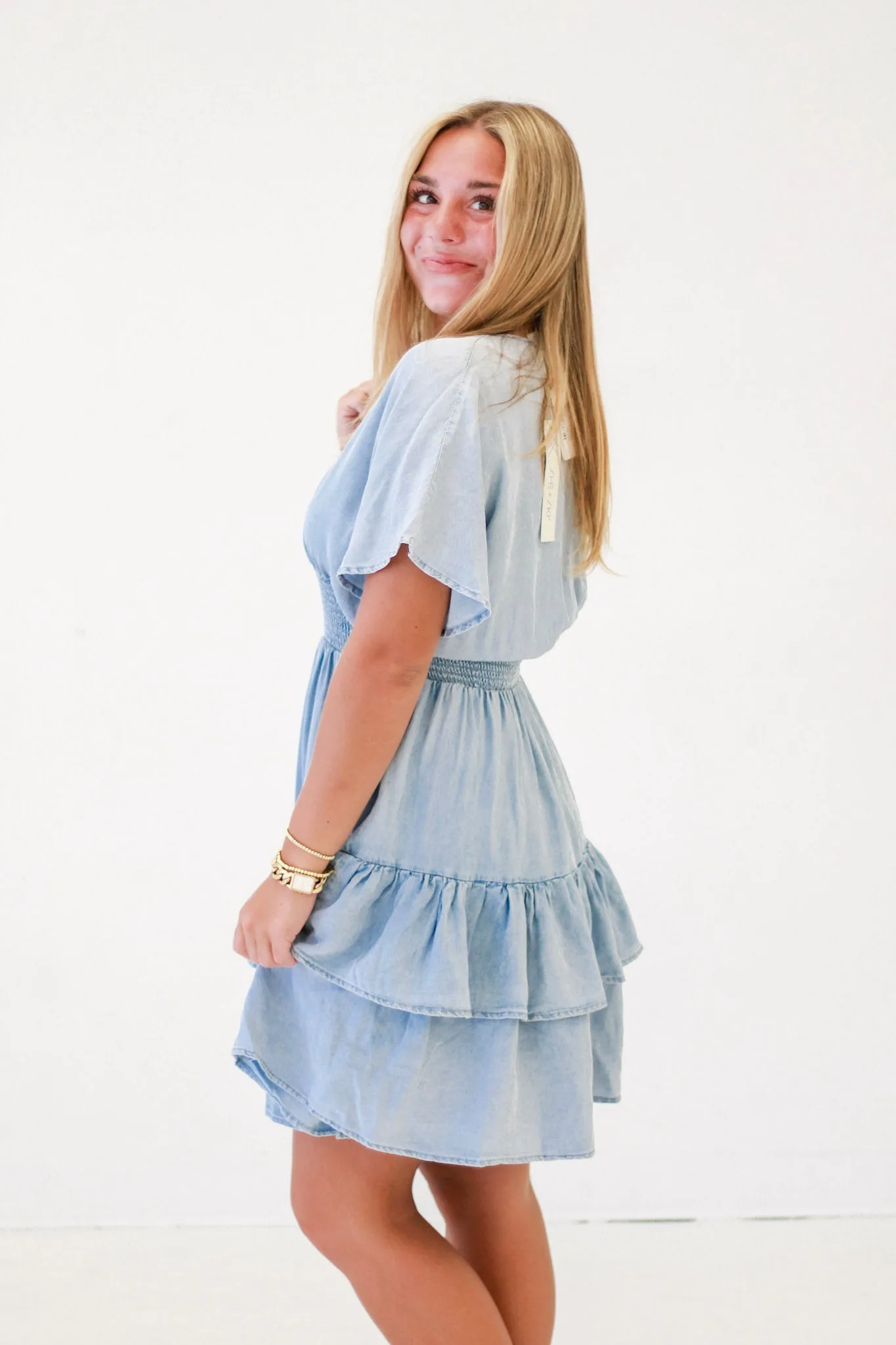 Shake It in Chambray Ruffle Tiered Dress