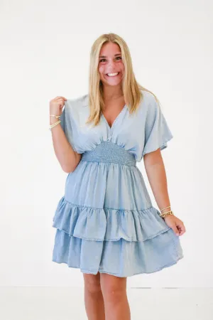 Shake It in Chambray Ruffle Tiered Dress