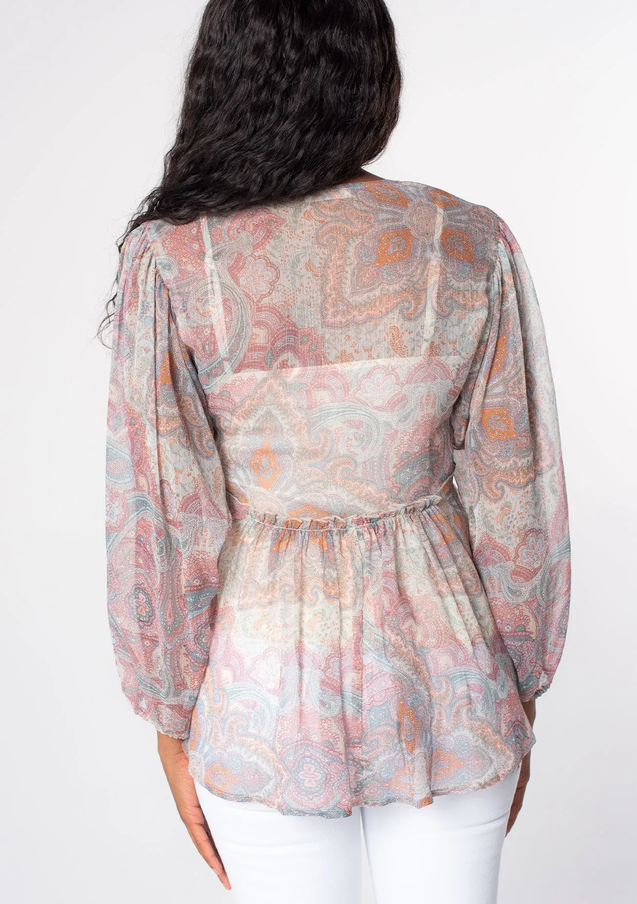 Sheer Long Sleeve Paisley Print Peasant Top
