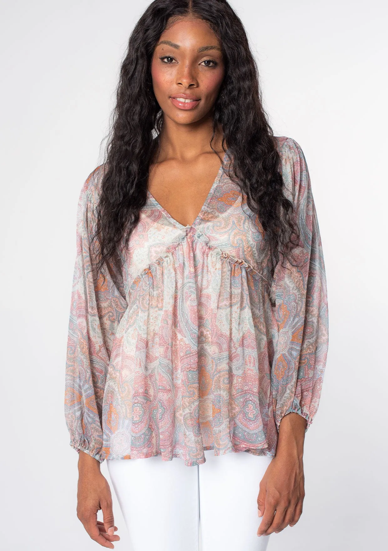Sheer Long Sleeve Paisley Print Peasant Top