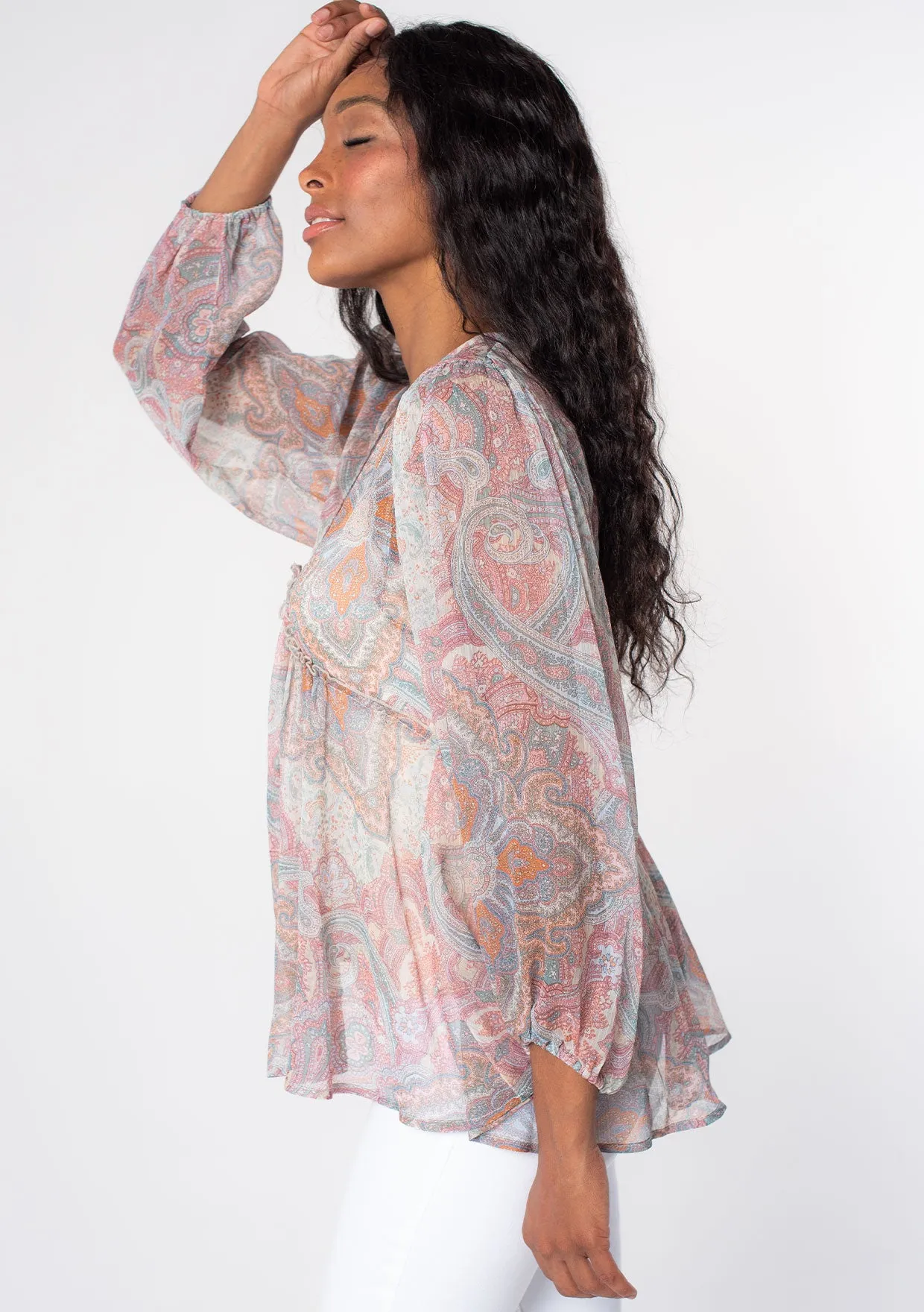 Sheer Long Sleeve Paisley Print Peasant Top