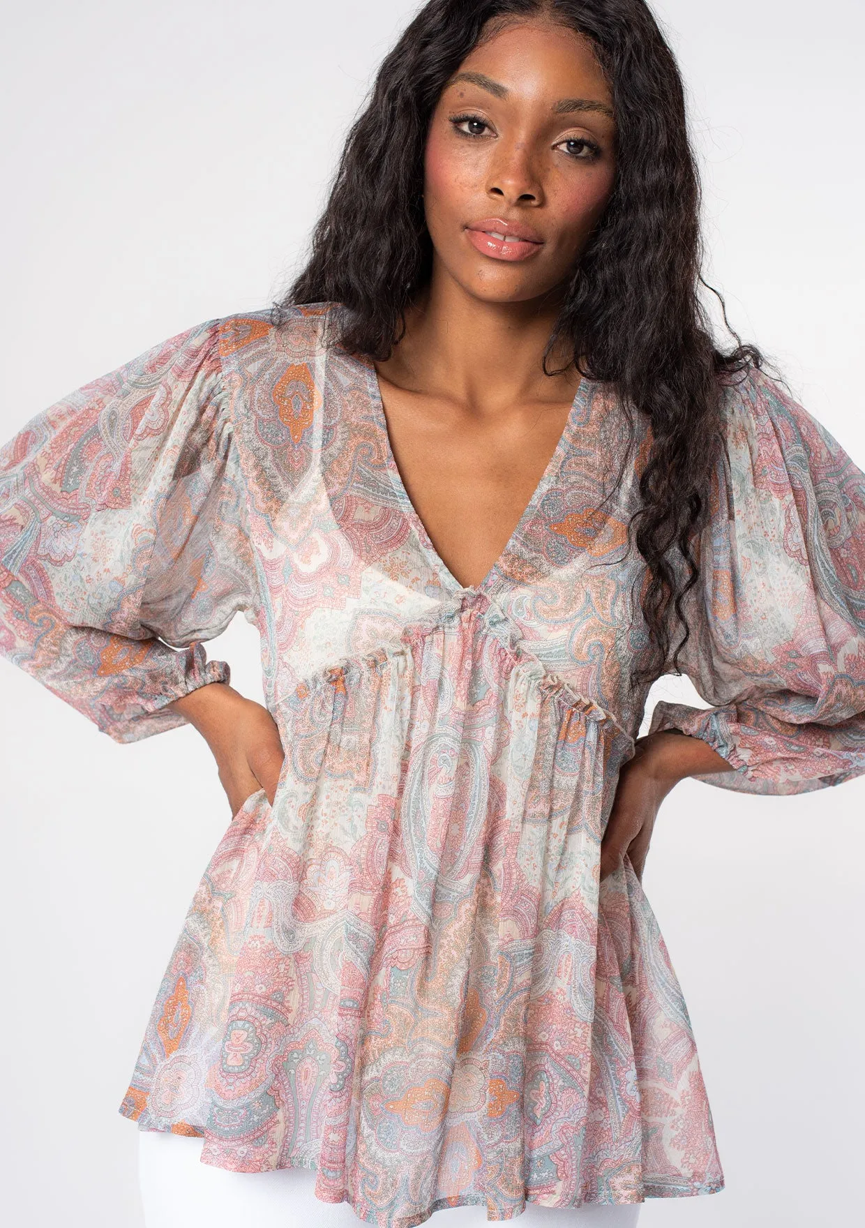 Sheer Long Sleeve Paisley Print Peasant Top